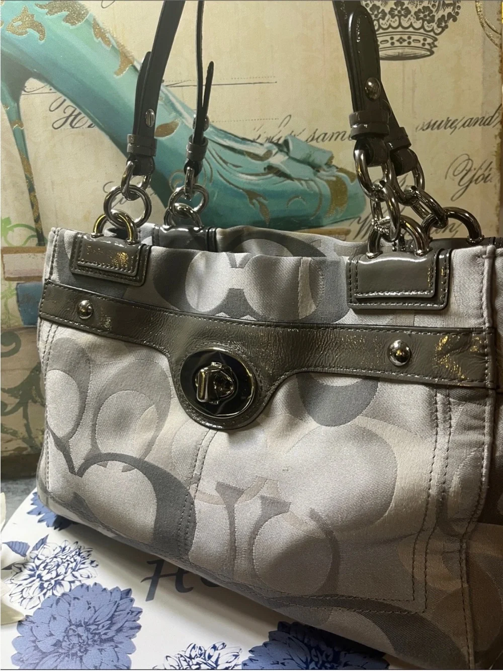 Coach Metallic Silver Logo Tote with Polished Hardware